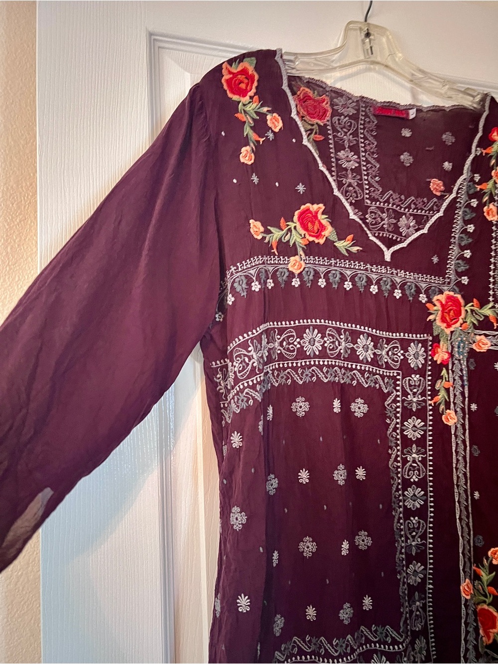 Johnny Was Plum Embroidered Floral V-Neck Tunic - Picture 2 of 3